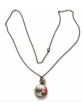 Vintage Style Locket Necklace with Watch Clock  Floral Bicycle Design Pendant